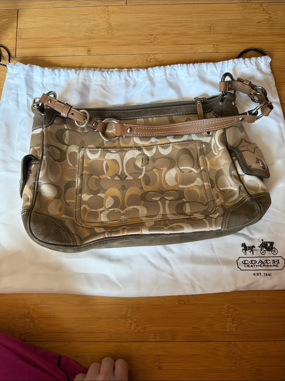 Coach Signature Canvas Shoulder Bag in Khaki and Brown
